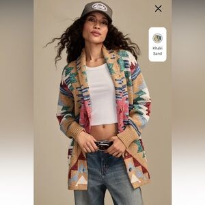 Lucky Brand Multicolor Aztec Open-Front Cardigan — Khaki, Teal, Pink, Red